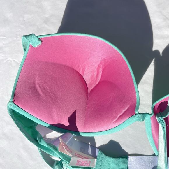 Victoria’s Secret PINK Wear Everywhere Super Push Up Bra 38D Mint Green Pink - Picture 3 of 5
